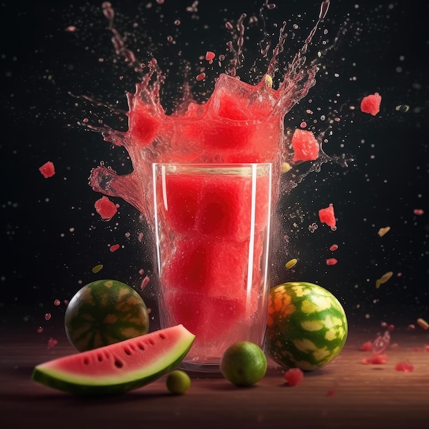 Watermelon juice with splashes with Watermelon fruit in studio background restaurant with garden