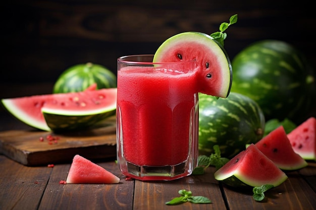 Watermelon juice on a wooden table