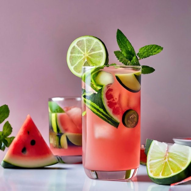 Watermelon lemonade with watermelon pieces in glasses on pink background