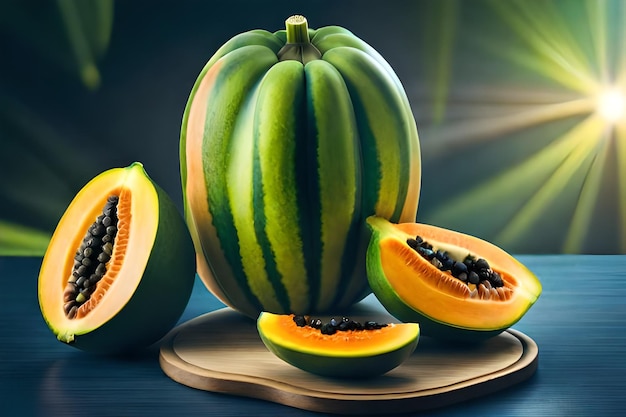 A watermelon and melon on a cutting board