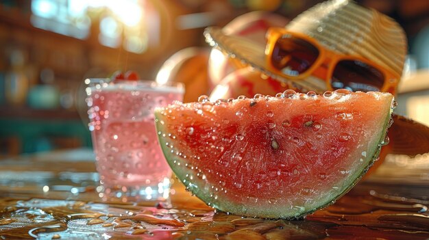 Foto watermelon met zomerhoed en zonnebril op tafel