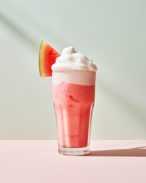 Watermelon milkshake cocktail tall glass on background decorated slice watermelon and whipped cream