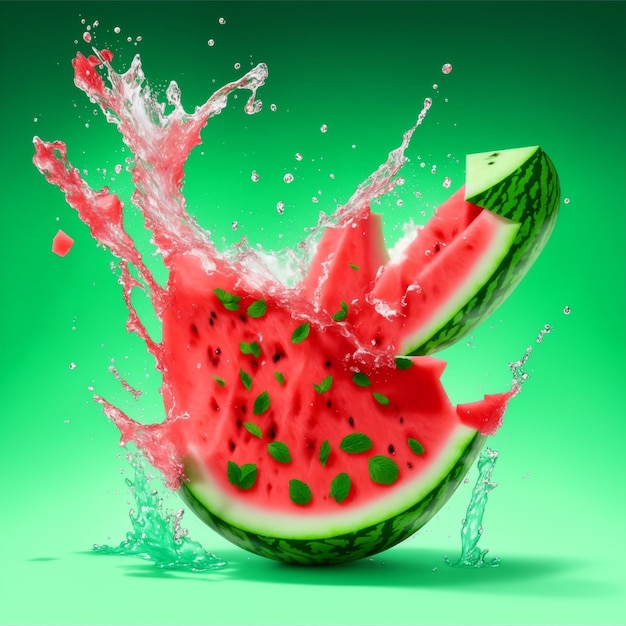 Watermelon and mint leaves with water splash