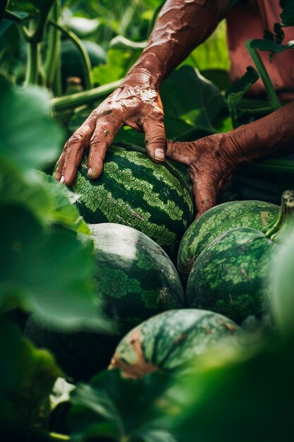 Foto watermelon oogst op het veld selectieve focus