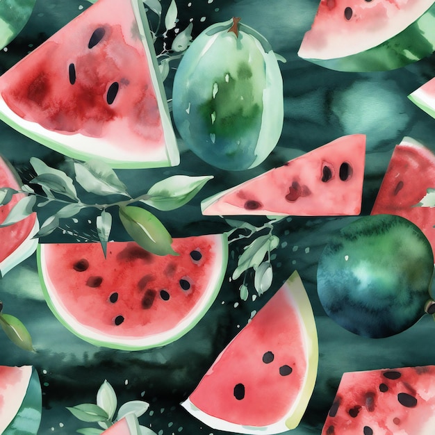 Watermelon and other fruits are on a dark background.