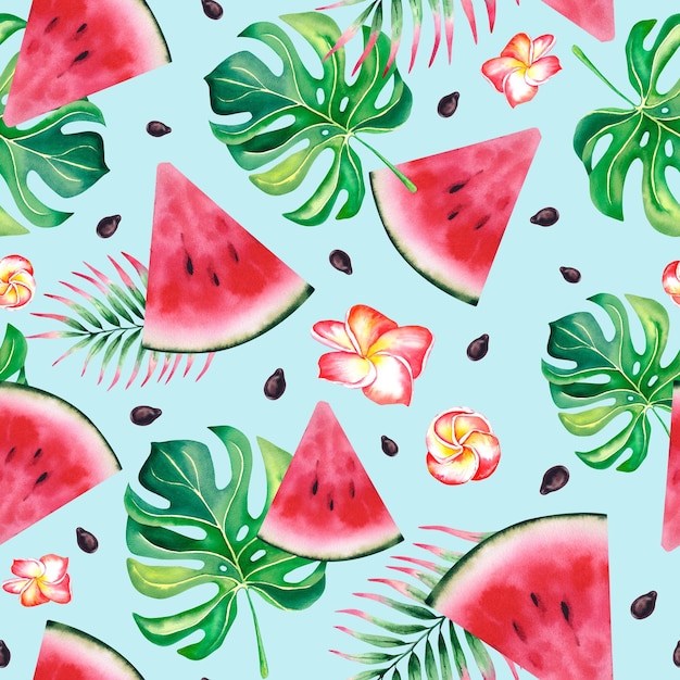 Watermelon palm branches monstera and plumeria flowers Seamless watercolor drawing on a white background Juicy slices of watermelon and tropical plants Hand painted illustration Beach holidays