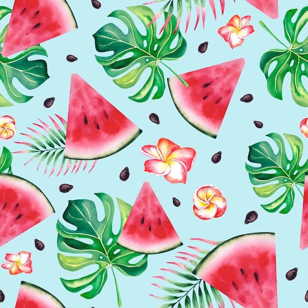 Photo watermelon palm branches monstera and plumeria flowers seamless watercolor drawing on a white background juicy slices of watermelon and tropical plants hand painted illustration beach holidays