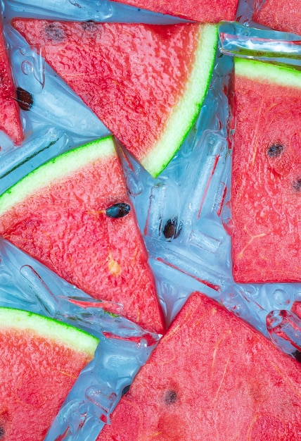 Watermelon pattern red watermelon on blue background summer
concept flat lay top view copy spac