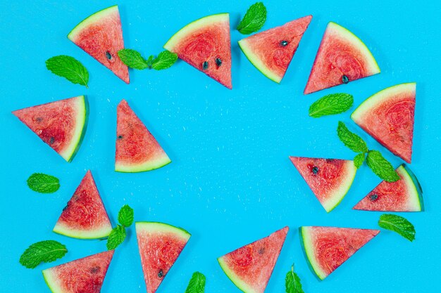 Watermelon pattern Red watermelon on blue background Summer concept