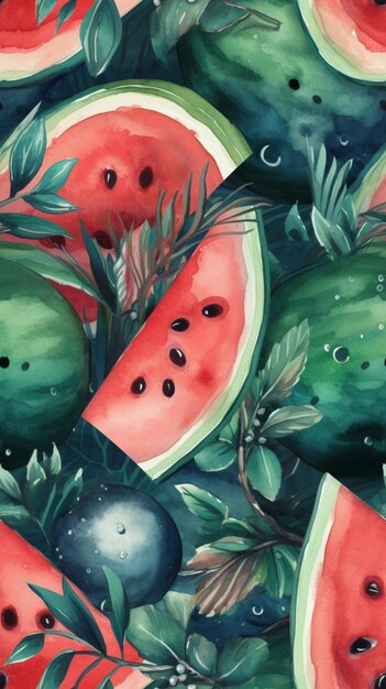 Photo a watermelon pattern with fruits on a dark background.