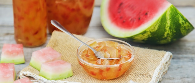 Watermelon peel jam in a glass bowl