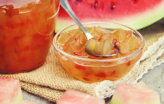 Watermelon peel jam in a glass bowl