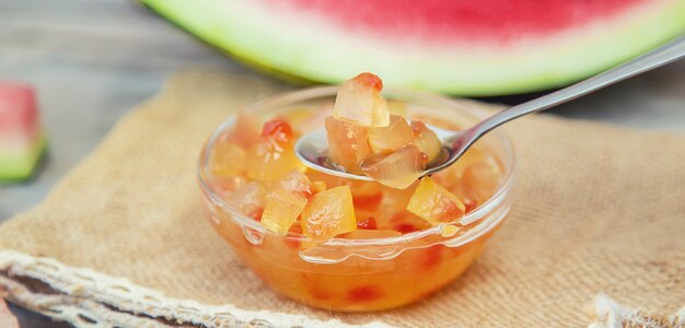 Watermelon peel jam in a glass bowl