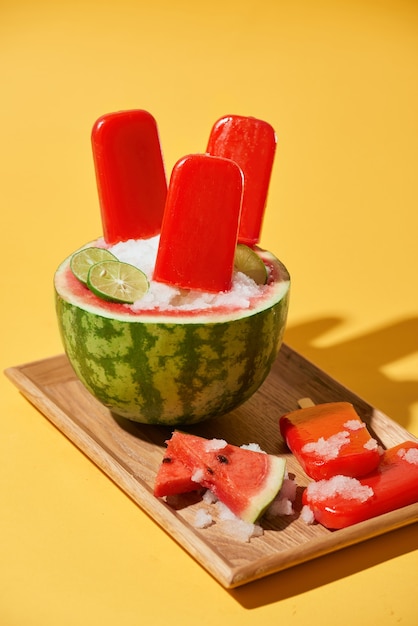 Watermelon popsicle and sliced watermelon on wood tray