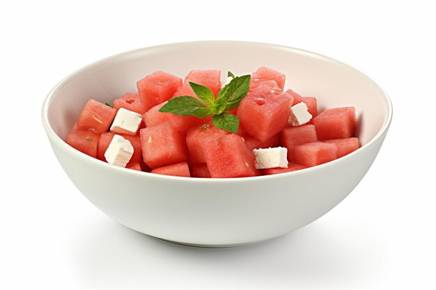 Watermelon salad with feta cheese and mint in a bowl on white background