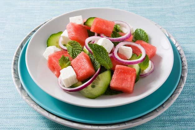 Watermelon salad with feta cheese,mint,onion and cucumber