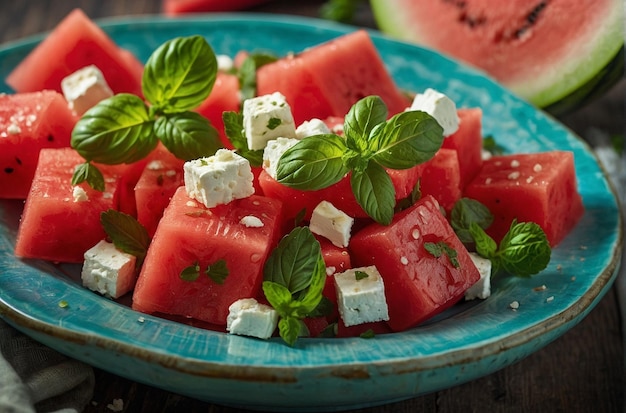 Watermelon salad with feta cheese and mint