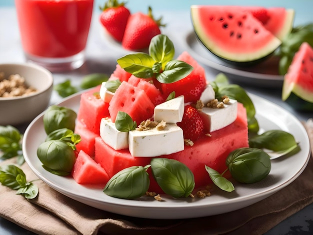 Watermelon salad with strawberry mozzarella cheese basil healthy summer dessert Generative AI