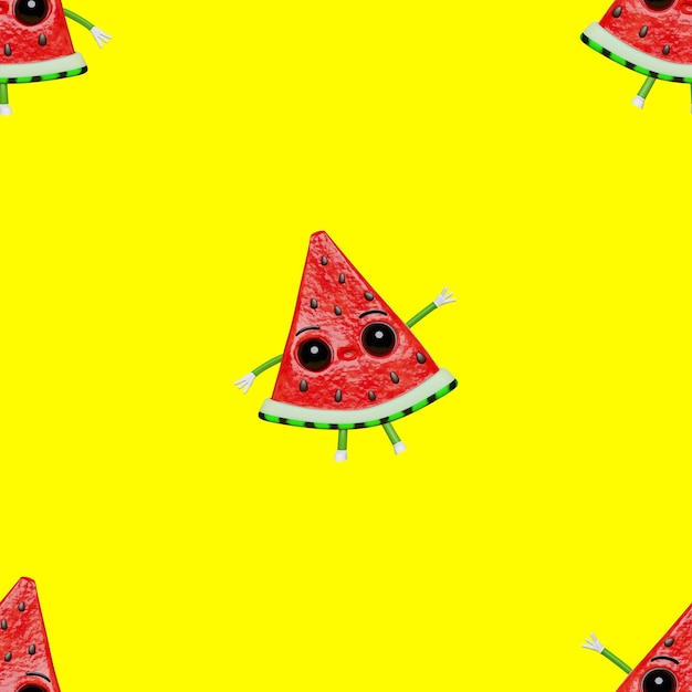 Watermelon slice creative 3D character seamless pattern fabric printing design Fruits eyes hands legs Kids illustration