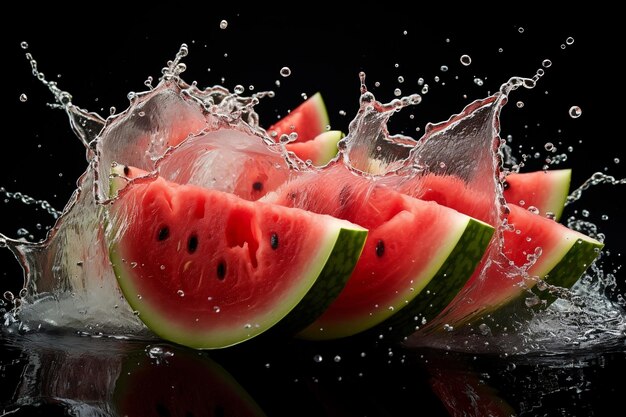 watermelon slice splashes with water in isolated white background