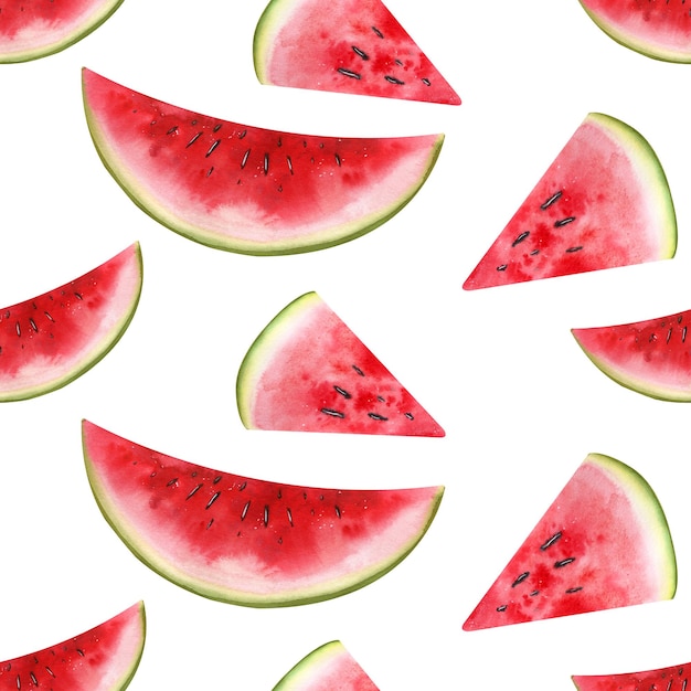 Watermelon slices are red on a white background watercolor
illustration a simple seamless pattern for fabric textiles menus
covers advertising packaging paper print clothing bed linen