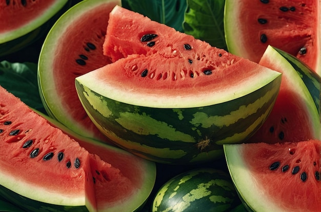 Watermelon slices on a background of tropical folia