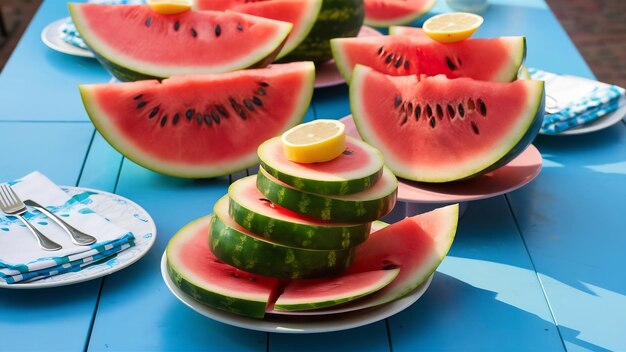 Watermelon slices on blue table