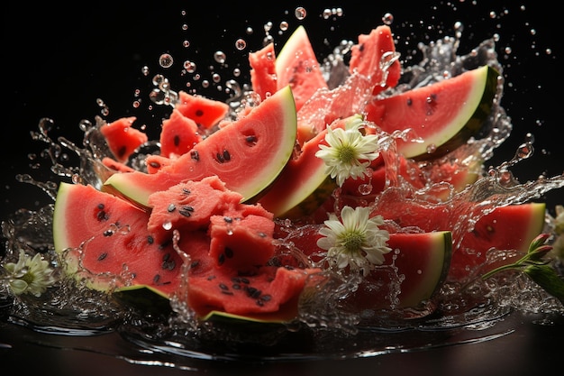 Watermelon slices falling out of water