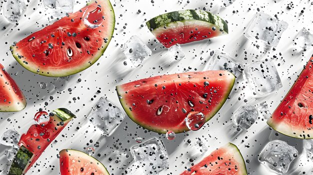 Photo watermelon slices and ice cubes on white background