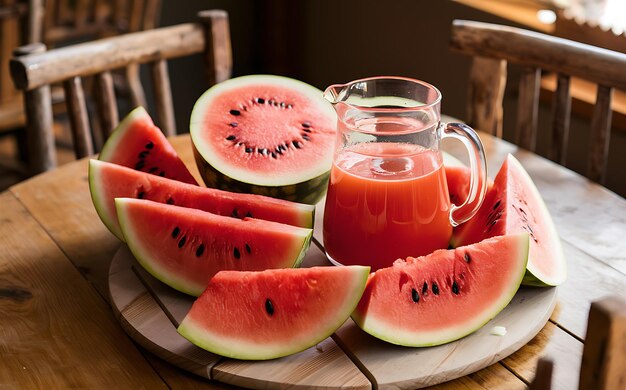 Watermelon slices and juice on wooden table