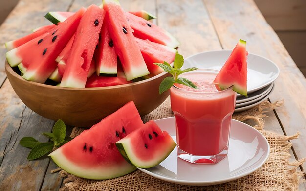 Watermelon slices and juice on wooden table