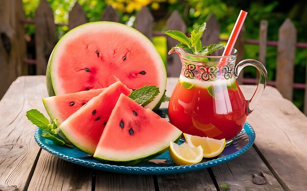 Watermelon slices and juice on wooden table