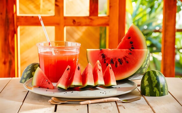 Watermelon slices and juice on wooden table