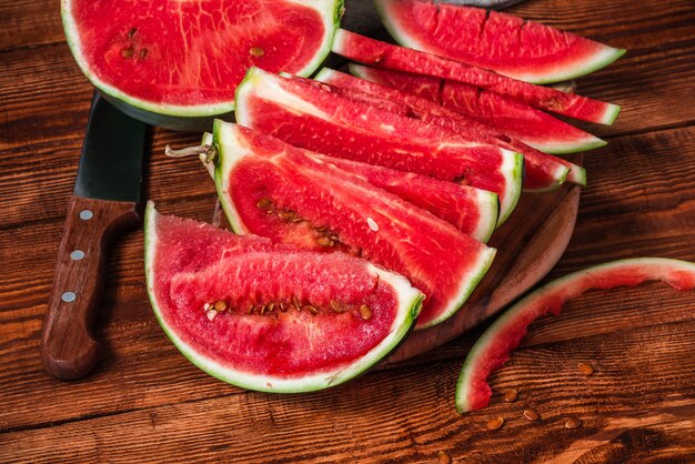 Watermelon slices lying on the cutting board