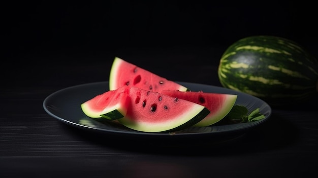 Watermelon slices on a plate with a black background.