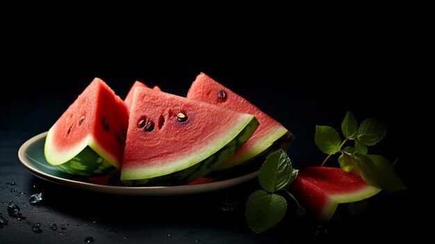 Watermelon slices on a plate with a black background