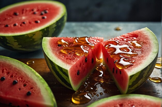 Watermelon slices served with a drizzle of honey for