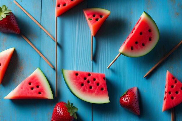 Watermelon slices on a stick with strawberries on a blue table