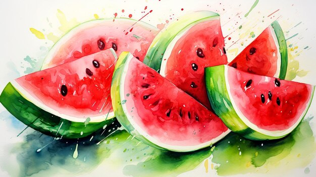 Watermelon slices watercolor painting Colorful fruit background