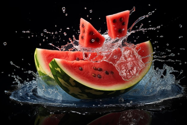 watermelon slices with knife and water drops and splashes on black background