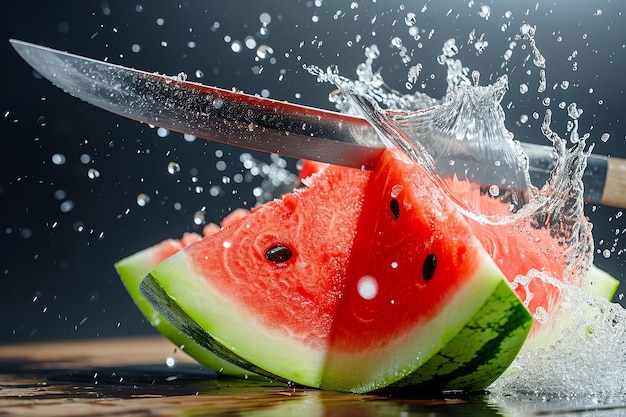 watermelon slices with knife and water drops and splashes on dark blue background