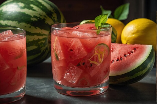 Watermelon slices with refreshing lemonade in the back