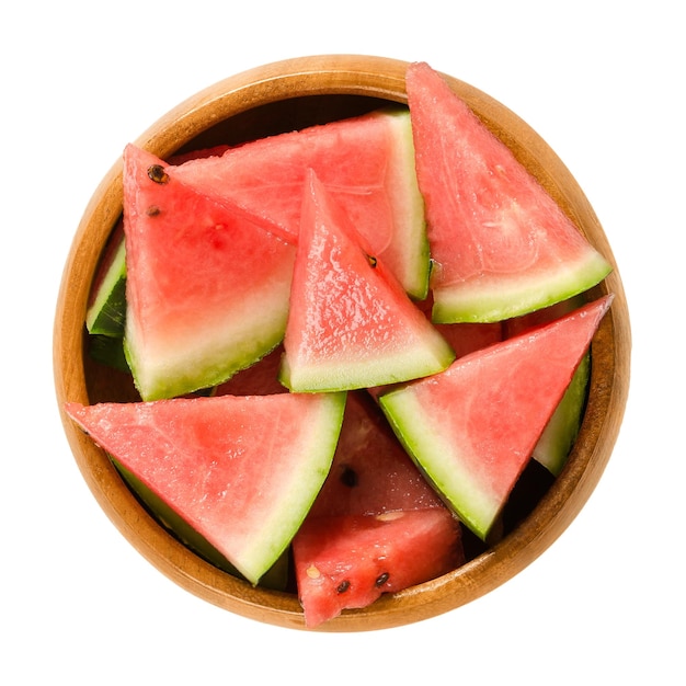 Watermelon slices in wooden bowl