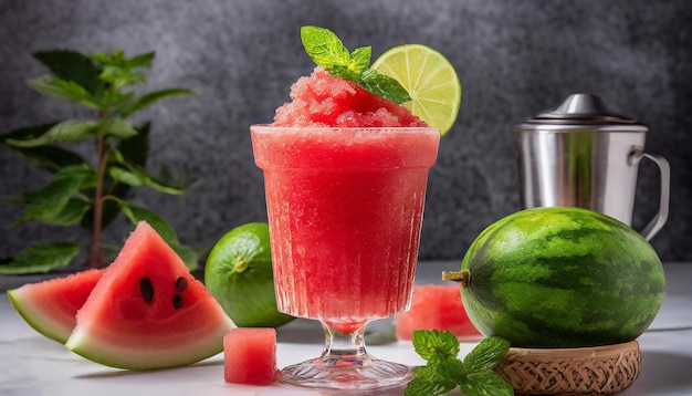 Photo watermelon slushie a drink with a face on it and a watermelon on the side