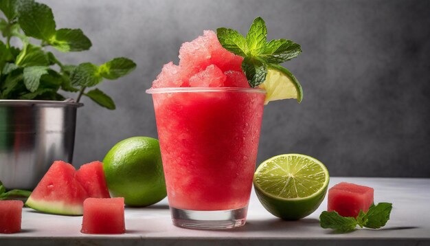 Photo watermelon slushie a drink with watermelon and limes on a table