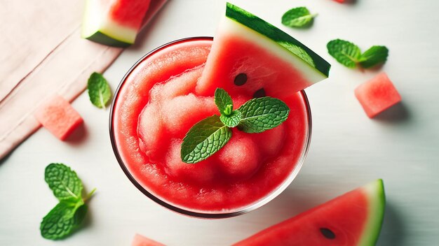 watermelon slushie vivid in color and perfectly chilled presented in a tall glass