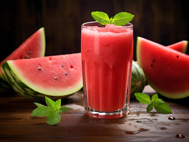 Watermelon smoothie juice with fresh mint leaves added for summer drink concept