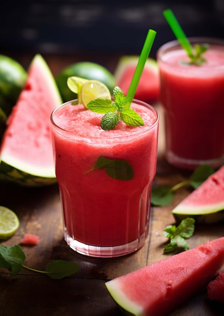 Watermelon smoothie with lime and mint