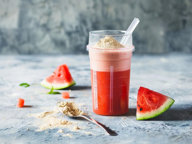 A watermelon smoothie with a spoon and a slice of watermelo