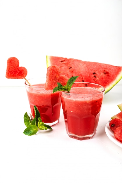 Watermelon smoothies with mint and pieces of watermelon